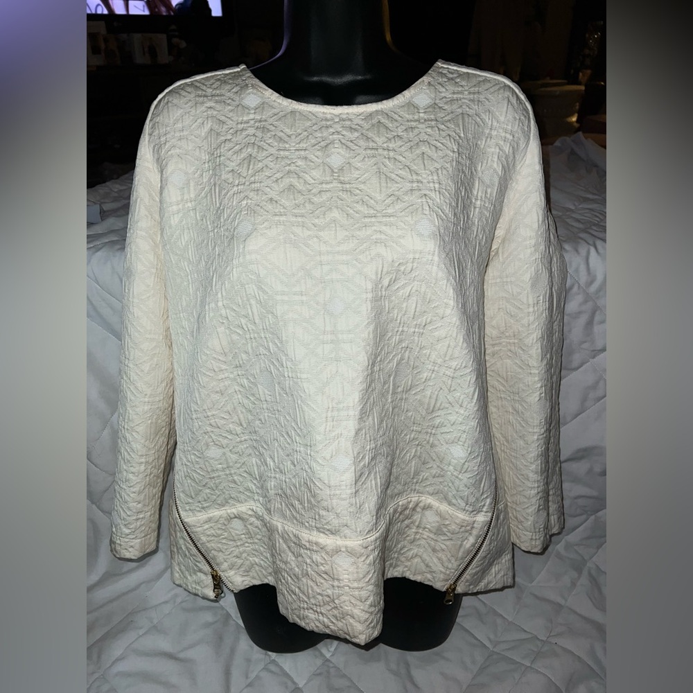 J. Crew Cream Textured Matelasse Boxy Brocade 3/4 Sleeve Zip Top Blouse
